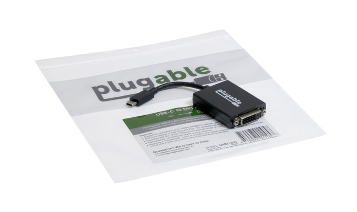 Plugable USBC-DVI adapter supports 1920x1200 at 60Hz, 6in/15cm cable, Plug and Play, requires DisplayPort Alt Mode.