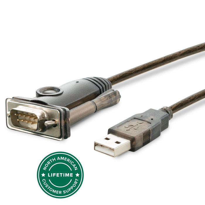 Plugable PL2303-DB9 USB to RS-232 serial adapter cable with DB9 male connector and USB-A connector.
