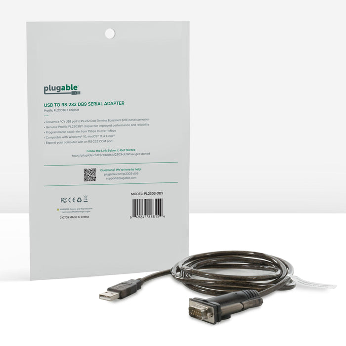 Plugable PL2303-DB9 USB to RS-232 serial adapter with Prolific PL2303GT chipset, 1Mbps speed, and OS compatibility.