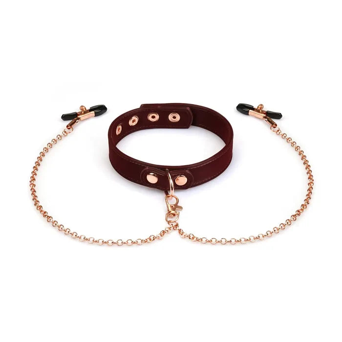 Plush Velour Metallic Burgundy Collar with Nipple Clamps