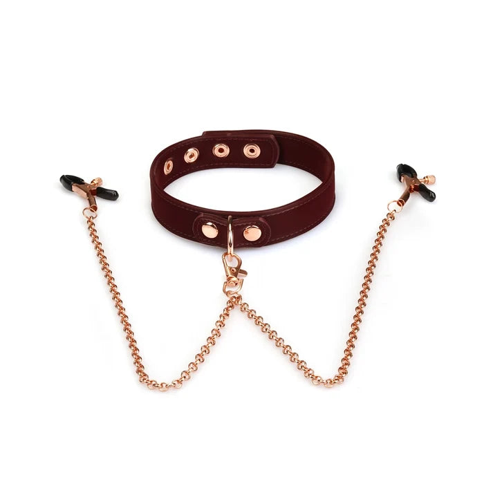Plush Velour Metallic Burgundy Collar with Nipple Clamps