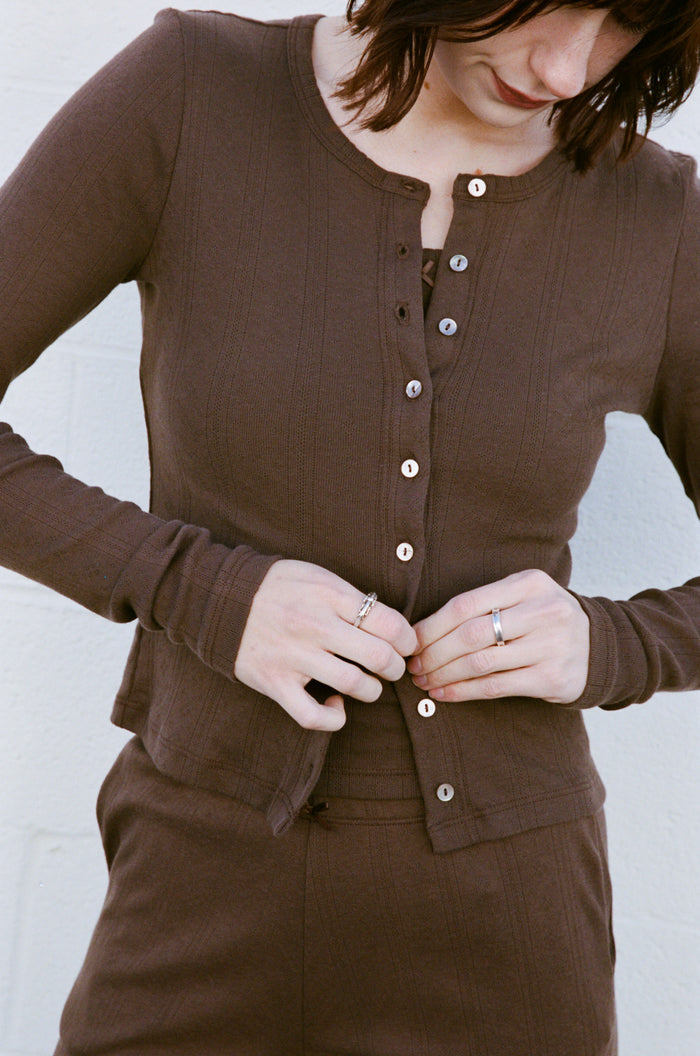 POINTELLE CARDIGAN IN COCOA