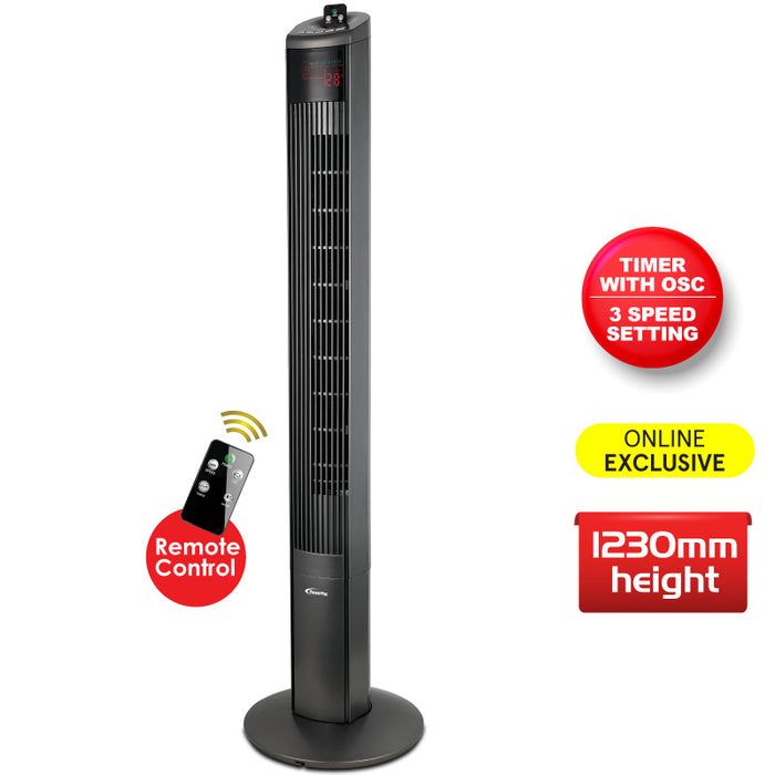 PowerPac 46" Tower Fan – Remote Control, Oscillation, Timer, 3 Modes, Digital display, Portable, Energy-efficient, 3-Speed, grey, PPTF460
