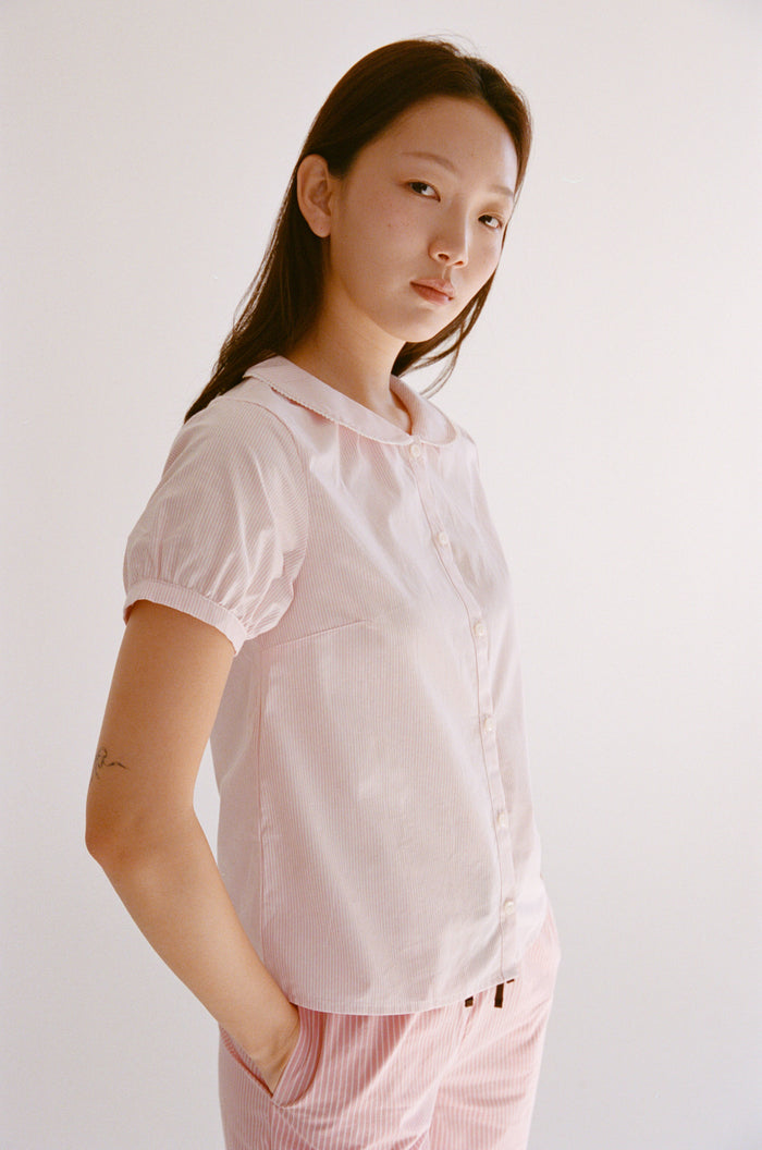 PUFF SLEEVE BUTTON DOWN IN BLUSH STRIPE