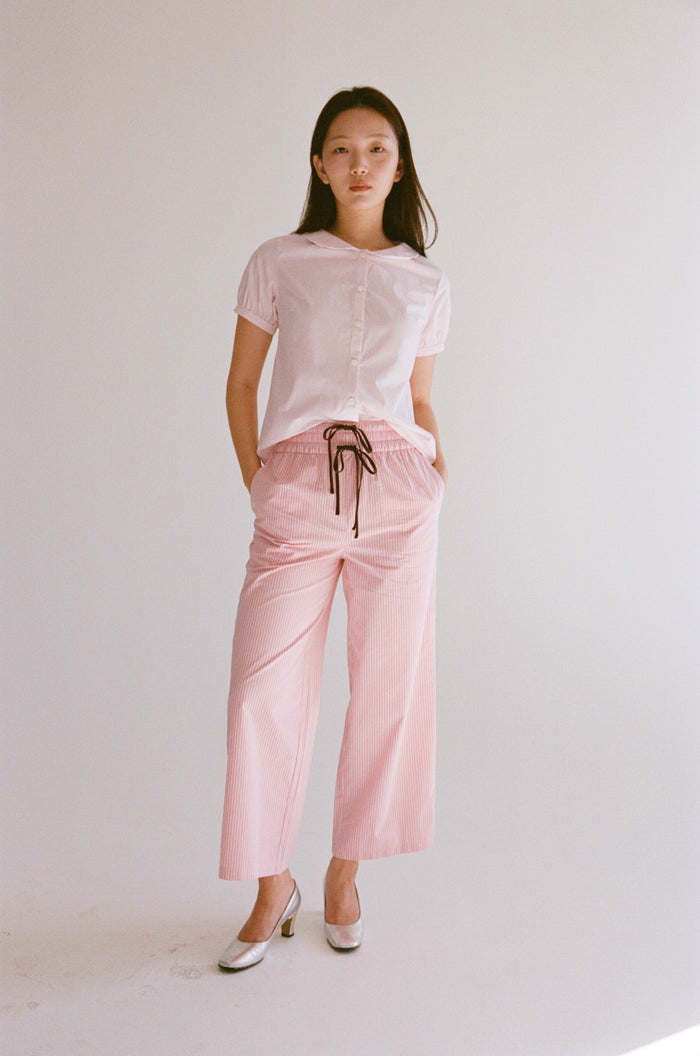 PUFF SLEEVE BUTTON DOWN IN BLUSH STRIPE