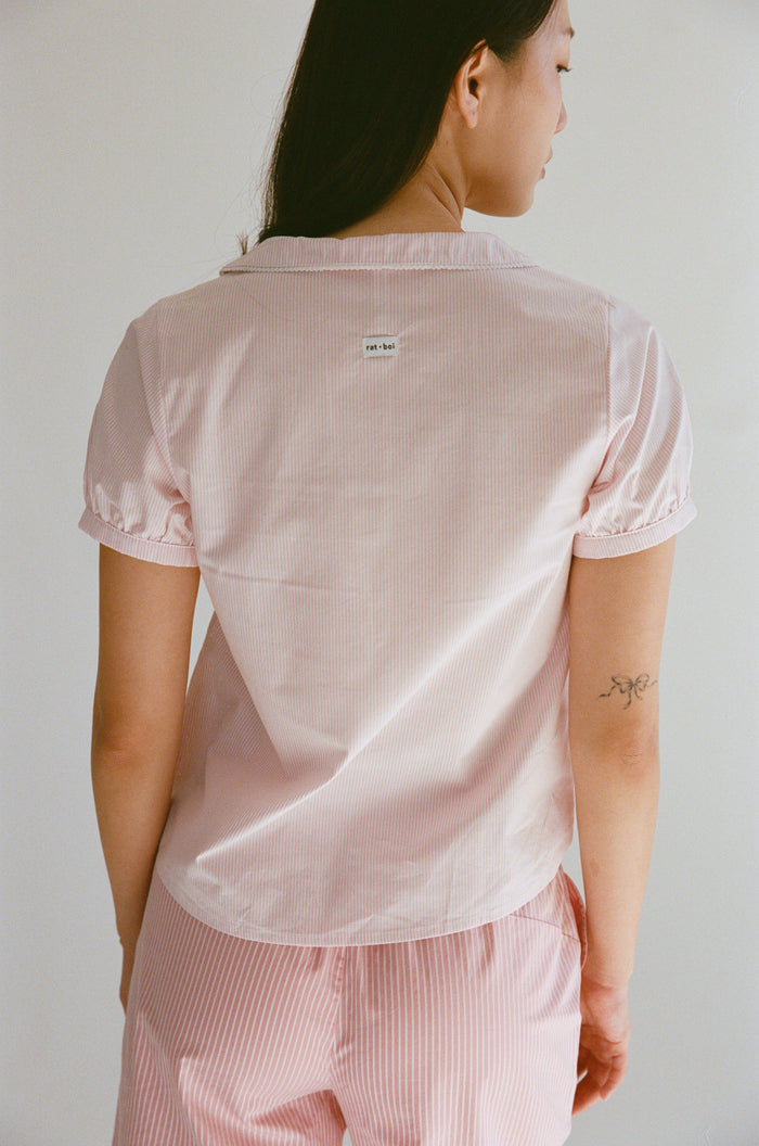 PUFF SLEEVE BUTTON DOWN IN BLUSH STRIPE