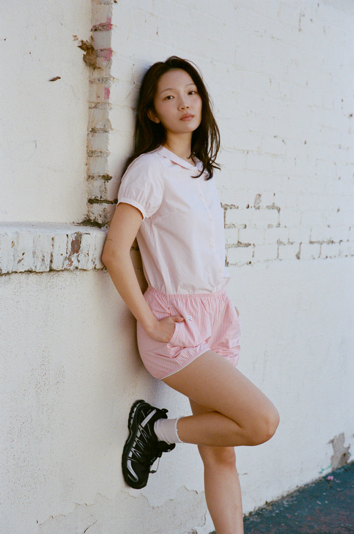 PUFF SLEEVE BUTTON DOWN IN BLUSH STRIPE