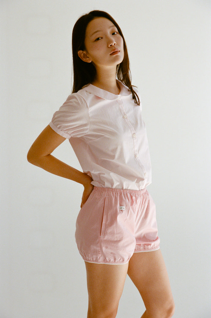 PUFF SLEEVE BUTTON DOWN IN BLUSH STRIPE