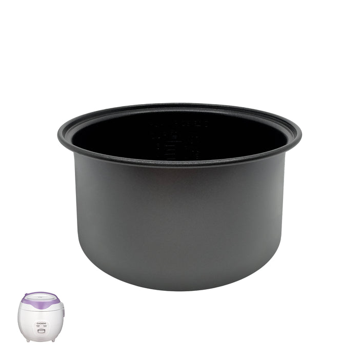 Replacement nonstick inner cooking pot for Cuckoo rice cookers, shown with a compatible white and purple rice cooker model. (INNERPOT-CR-0671V)