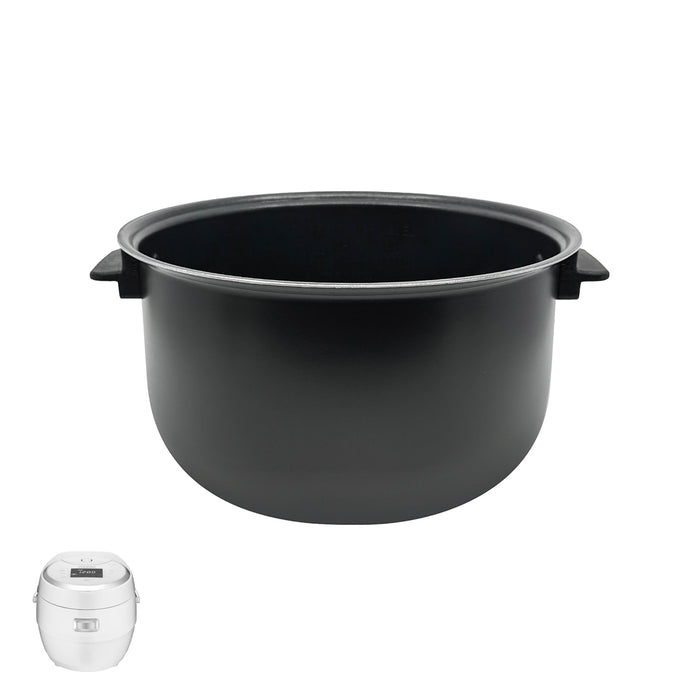 Cuckoo nonstick replacement inner pot with side handles, shown with a compatible white rice cooker model. (INNERPOT-CR-1020F)