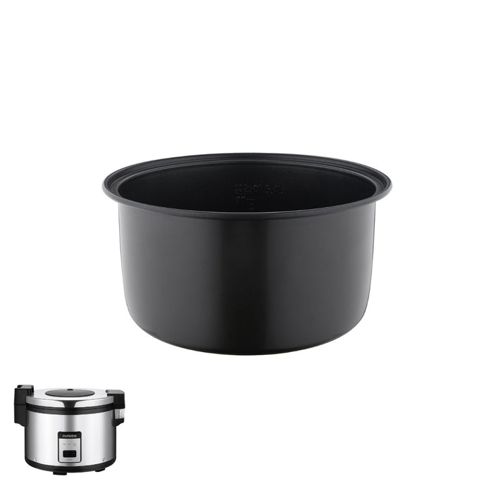 Black nonstick replacement inner pot for Cuckoo rice cookers, shown with a compatible unit. (INNERPOT-CR-3055)