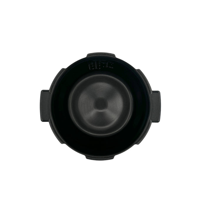 Top-down view of a black nonstick replacement inner pot with side handles for Cuckoo rice cookers. (INNERPOT-CRP-HWS10)