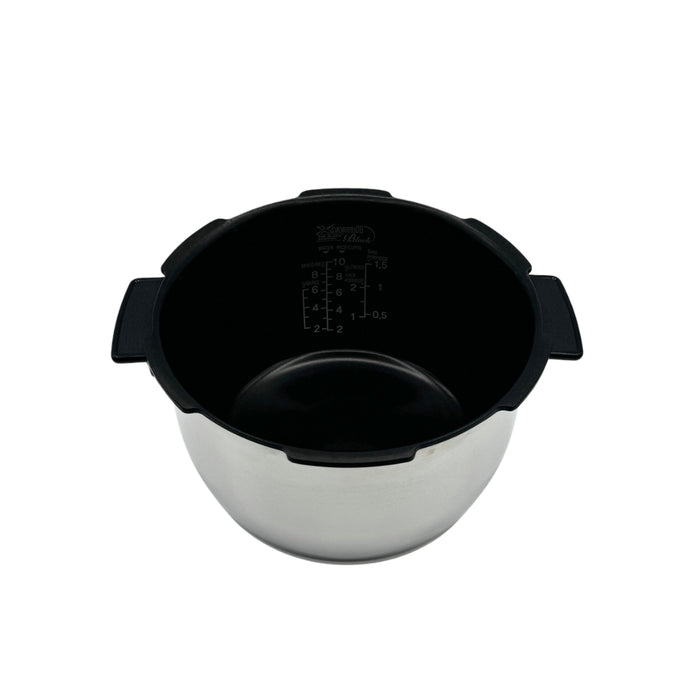 Replacement stainless steel inner pot with black nonstick coating and side handles for Cuckoo rice cookers. (INNERPOT-CRP-HWS10)
