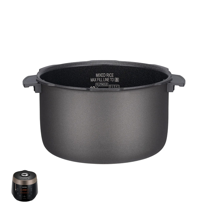 Cuckoo nonstick replacement inner pot for rice cookers, showing interior measurement lines and a compatible unit. (INNERPOT-CRP-P10)
