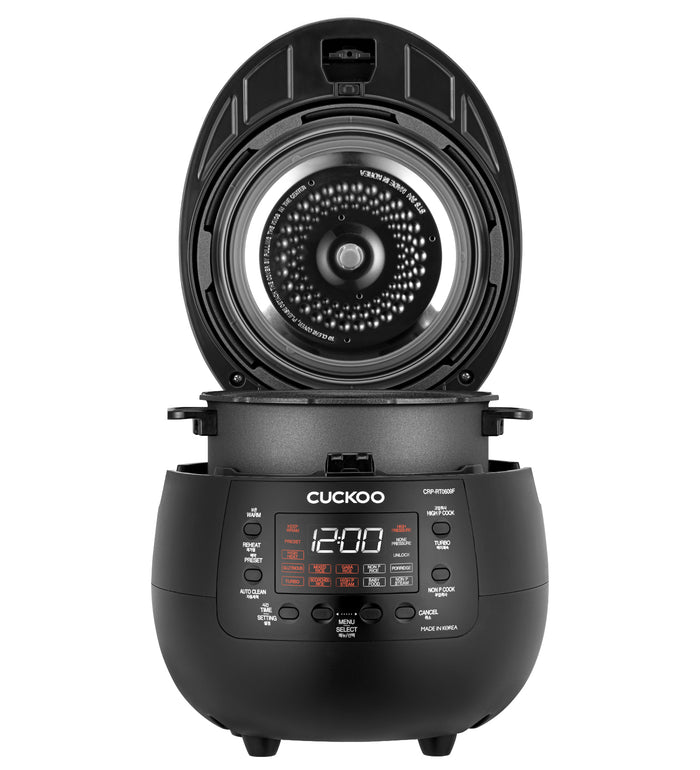 Cuckoo black digital pressure rice cooker shown with the lid open, featuring a control panel and interior cooking components. (INNERPOT-CRP-RT06)