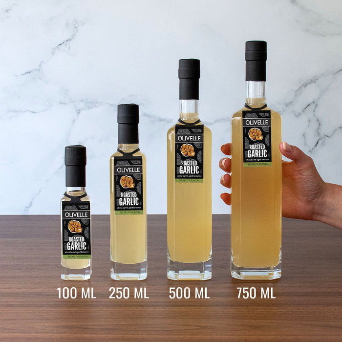 Roasted Garlic White Barrel Aged Balsamic Bottle Size