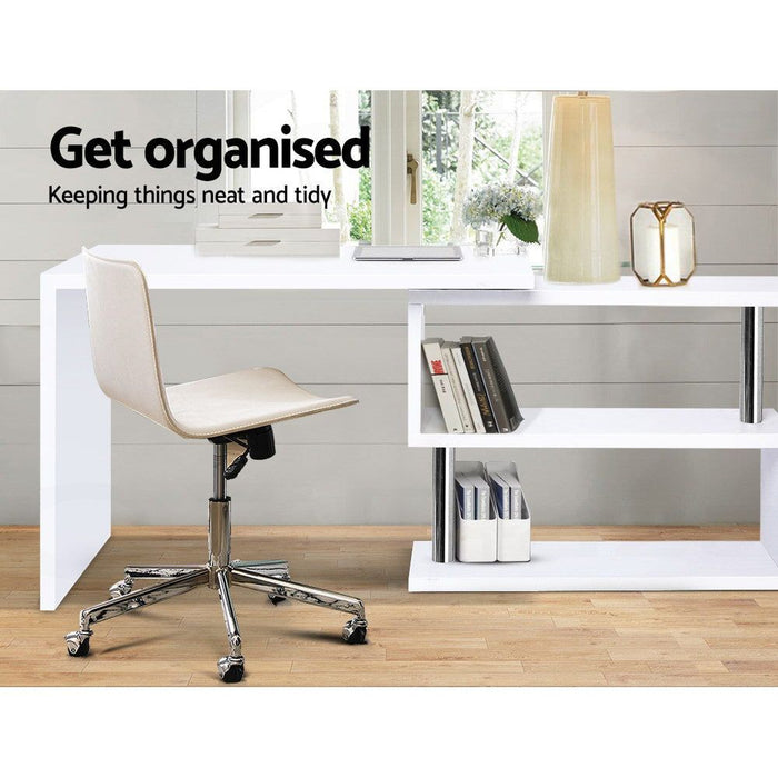 Rotary Corner Desk with Bookshelf - White -Home Living Store - -