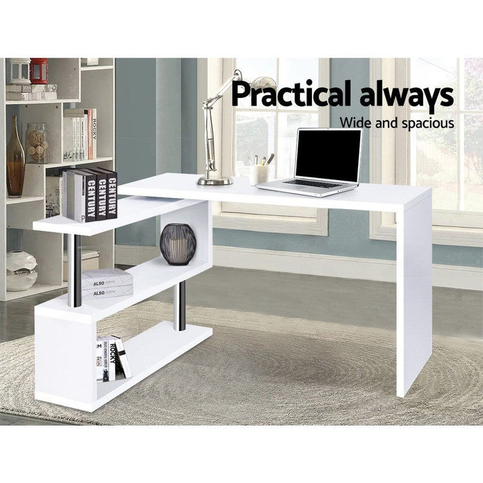 Rotary Corner Desk with Bookshelf - White -Home Living Store - -