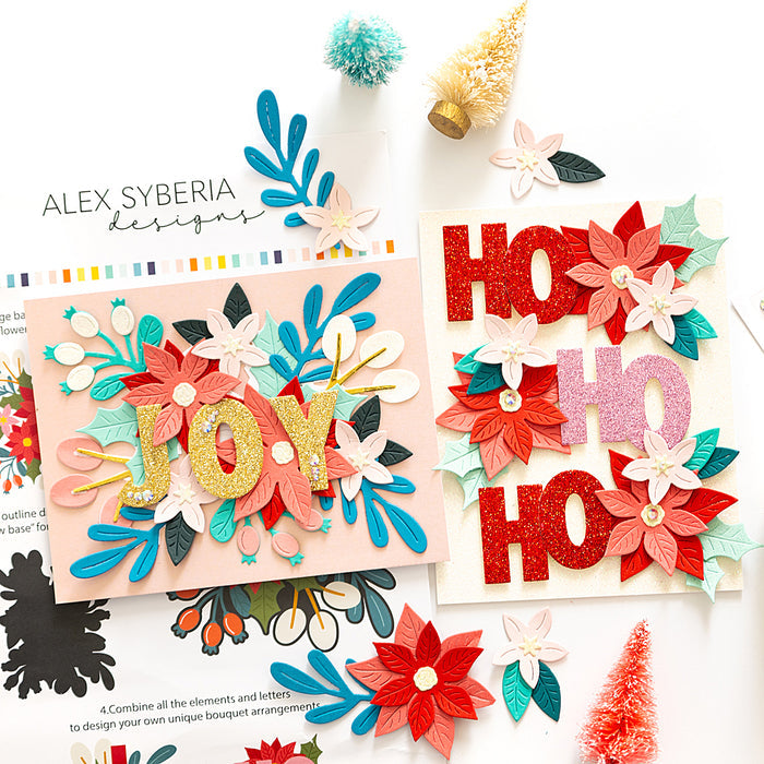 Decorative cards with alex syberia designs christmas bouquet poinsettia 'JOY' and 'HO HO HO' text, surrounded by floral and leaf elements on a white background.