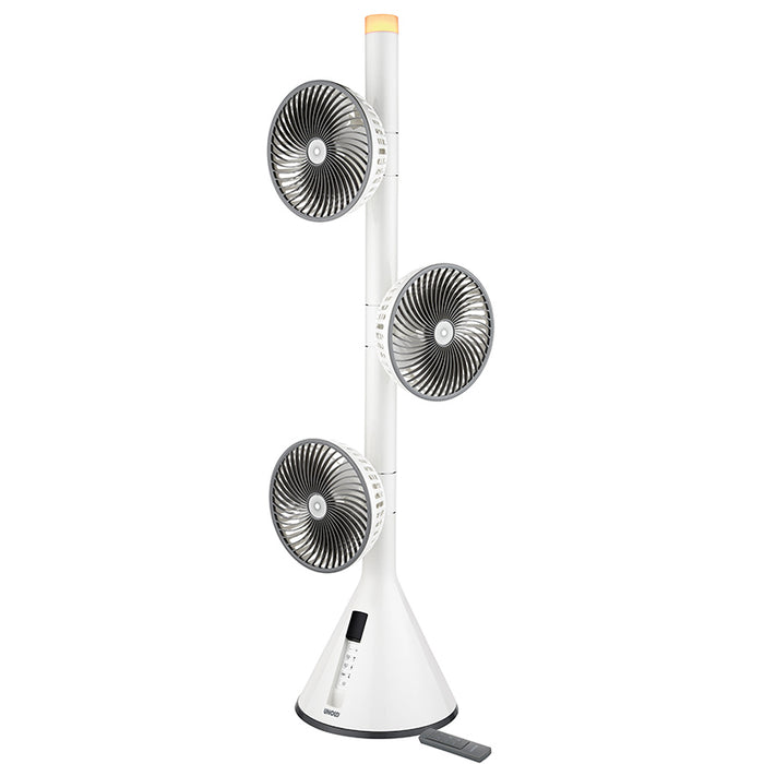 Der Unold STANDVENTILATOR 360° ist ein hoher, moderner weißer Turmventilator mit drei verstellbaren, runden Ventilatorköpfen, die vertikal auf einer schlanken Stange gestapelt sind und an der Basis ein digitales Bedienfeld haben.