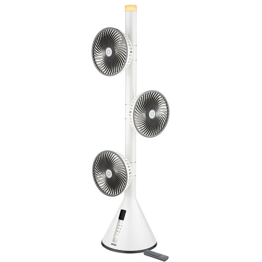 Der Unold STANDVENTILATOR 360° ist ein hoher, moderner weißer Turmventilator mit drei verstellbaren, runden Ventilatorköpfen, die vertikal auf einer schlanken Stange gestapelt sind und an der Basis ein digitales Bedienfeld haben.