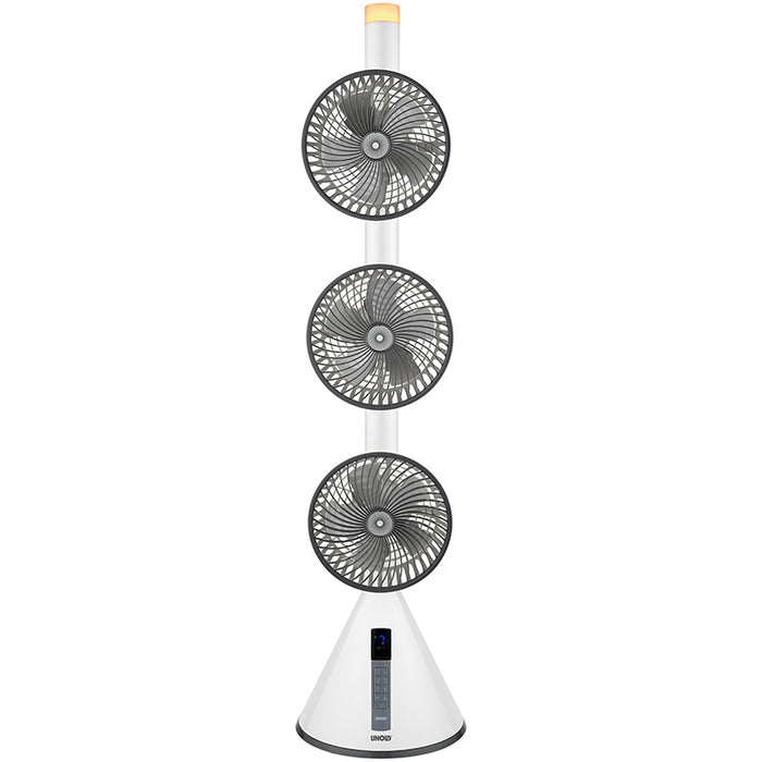 Der Unold STANDVENTILATOR 360° ist ein moderner weißer Turmventilator mit drei vertikal gestapelten, verstellbaren runden Ventilatorköpfen und einem digitalen Bedienfeld an der Basis.