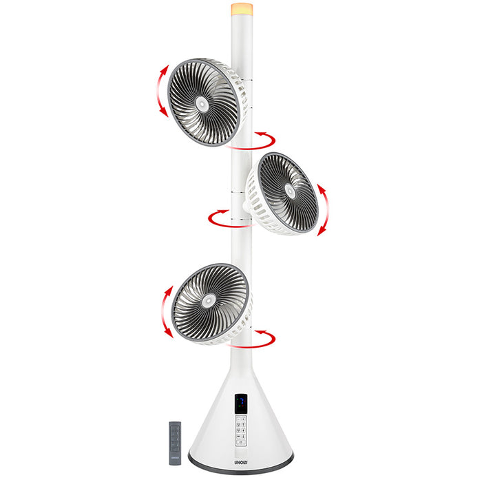 Der Unold STANDVENTILATOR 360° ist ein hoher, weißer Turmventilator mit drei kreisförmigen, unabhängig voneinander rotierenden Köpfen auf einem schlanken Standfuß. Eine Fernbedienung liegt neben dem Ventilator, und rote Pfeile zeigen die Drehrichtung jedes Kopfes an.