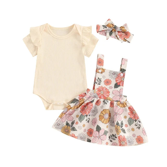 Beige Romper and Suspender Skirt with Floral Prints / 0-3 months