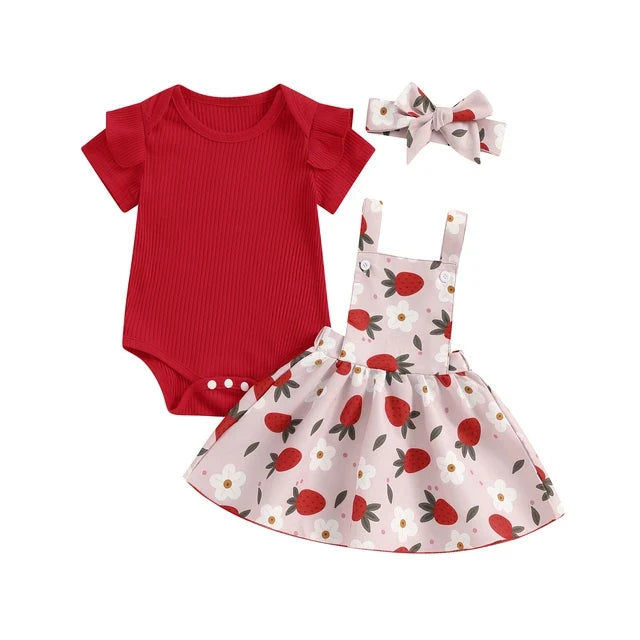 Red Romper and Suspender Skirt with Strawberry Prints / 0-3 months