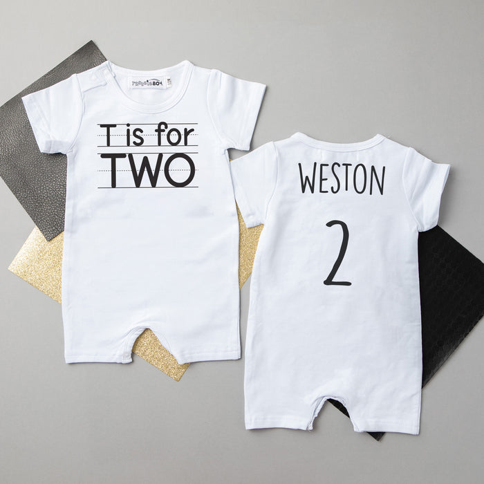 "T is for Two" Shorts Slim Fit 2nd Birthday Romper
