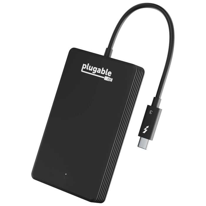Plugable 480GB Thunderbolt 3 NVMe external SSD with integrated USB-C cable featuring Thunderbolt 3 logo.