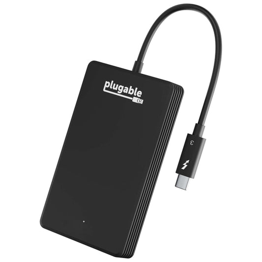 Plugable 480GB Thunderbolt 3 NVMe external SSD with integrated USB-C cable featuring Thunderbolt 3 logo.