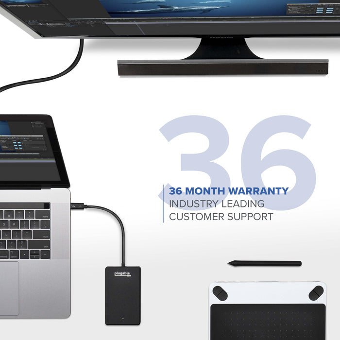 Plugable TBT3-NVME480 SSD connected to a laptop, featuring a 36-month warranty and customer support.