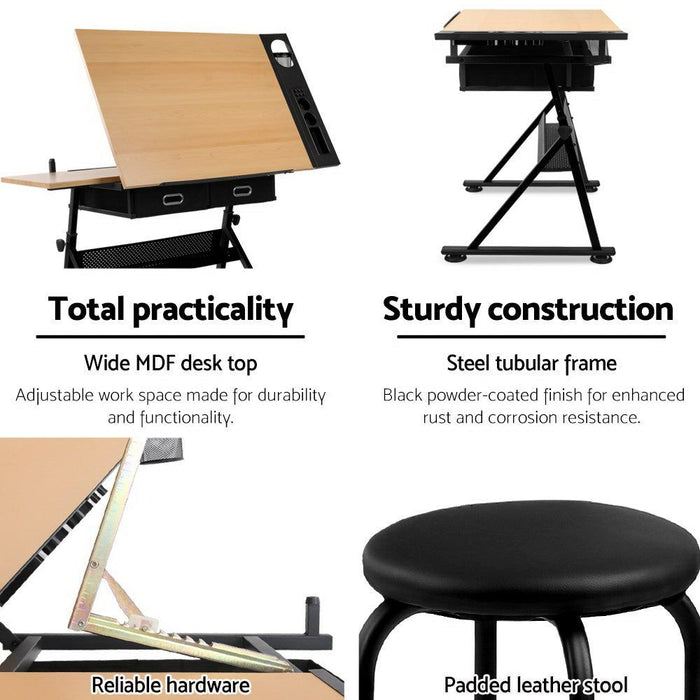 Tilt Drafting Table Stool Set - Natural & Black -Home Living Store - -
