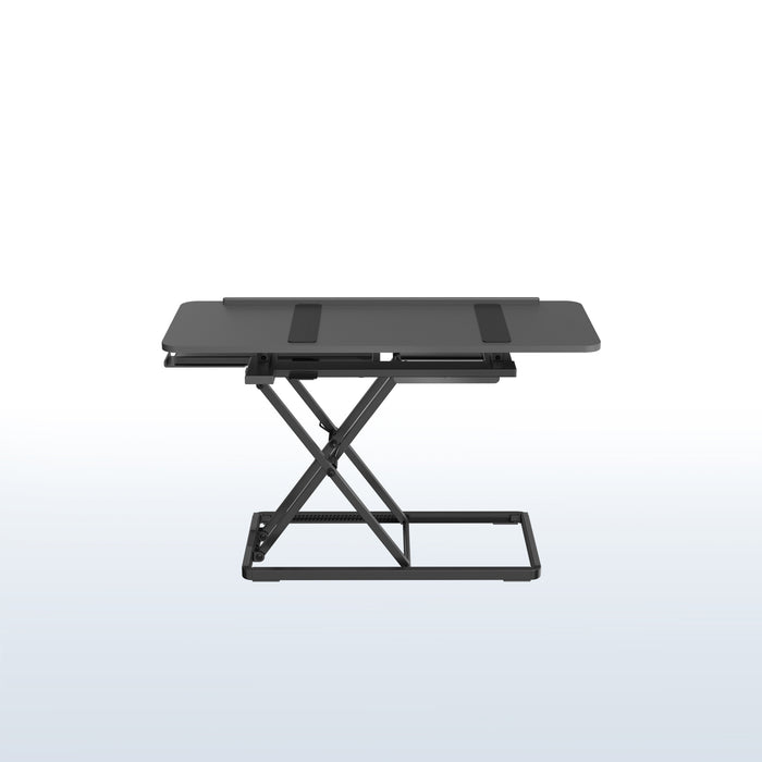 A black tilting keyboard riser with a mouse on top and the ability to adjust the angle of the keyboard surface.
