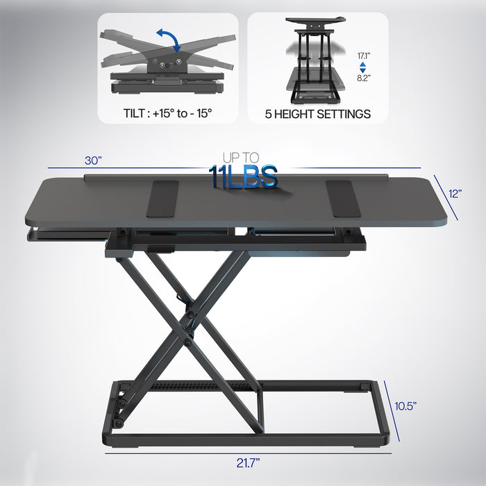 A black tilting keyboard riser with a mouse on top and the ability to adjust the angle of the keyboard surface with measurement icons.