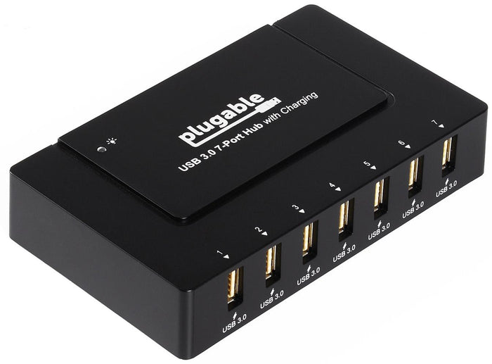 Plugable USB 3.0 7-Port Hub with Charging, featuring seven numbered USB 3.0 ports with lightning bolt icons.