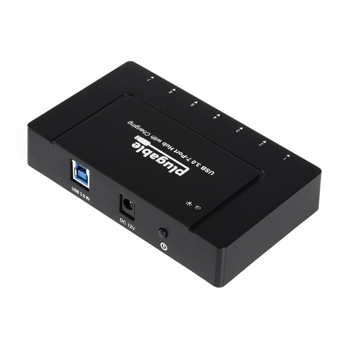 Plugable USB 3.0 7-Port Hub with Charging, featuring USB 3.0 IN port, DC 12V power input, and power button.