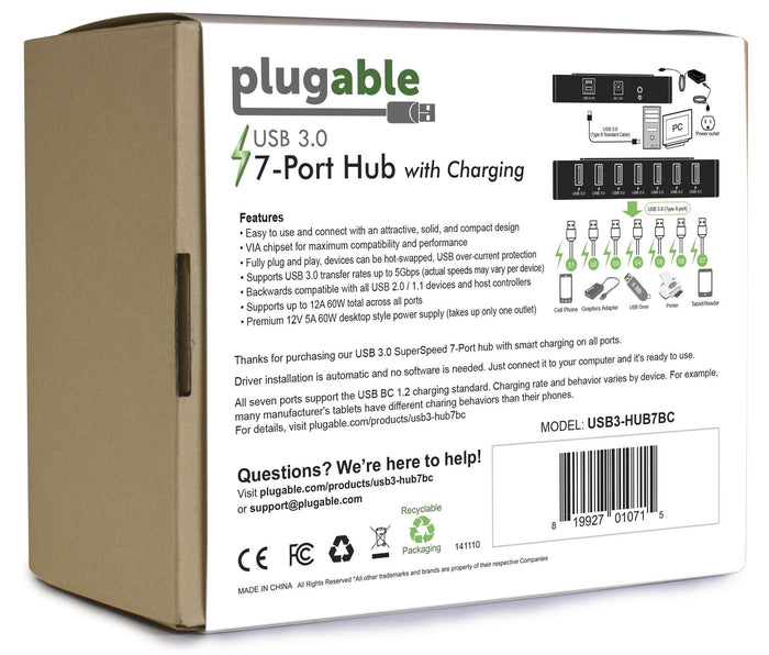 Plugable USB3-HUB7BC 7-port USB 3.0 hub features 5Gbps data transfer, BC 1.2 charging, and 60W power adapter.