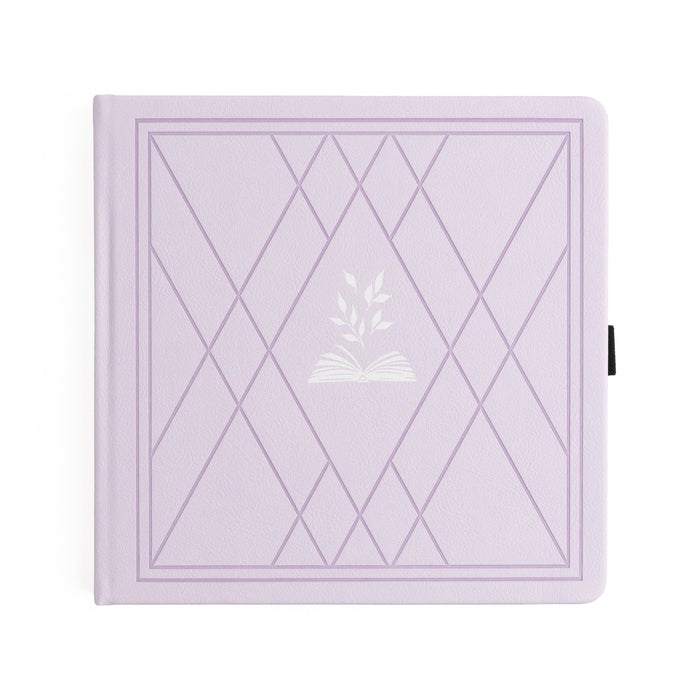 Purple notebook with geometric design and a small emblem on a white background