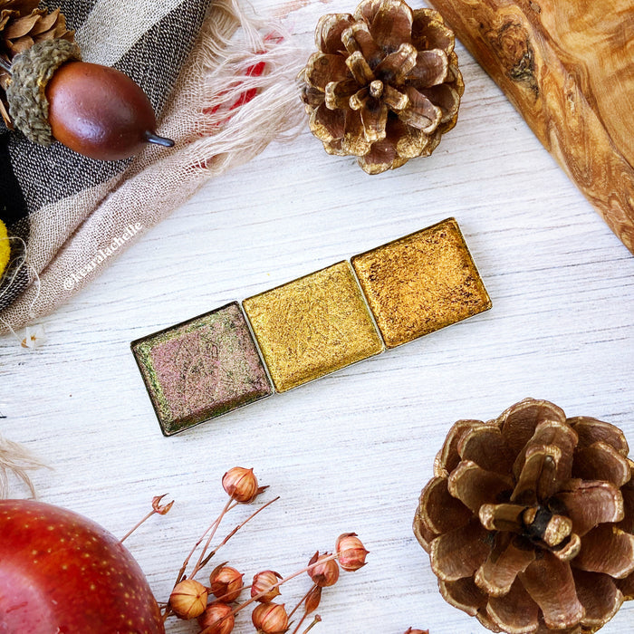 Top angle of Weld Jewelled Multichrome Eyeshadow featured in trio with Vermeil, Burnish