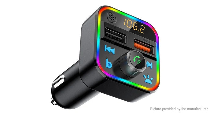 Wireless Music Stream Car Charger Bluetooth FM Transmitter with RGB Dancing light. This device releases stream music and call directly from your Bluetooth device to your car’s FM stereo system-NP-9951QUBTL Hannah's Variety Store