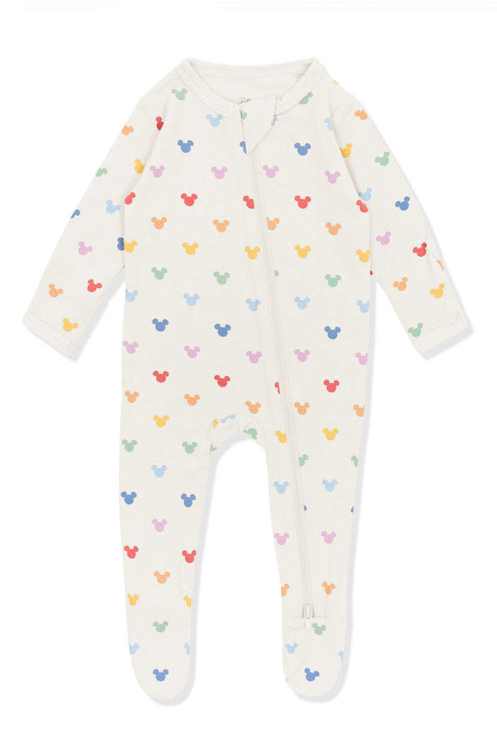 Zippered Footie with Pastel Mickey Mouse pattern on an oat background