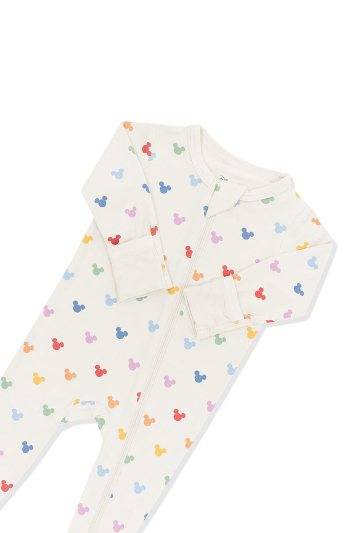 Top part of Zippered Footie in Pastel Mickey Mouse pattern on an oat background