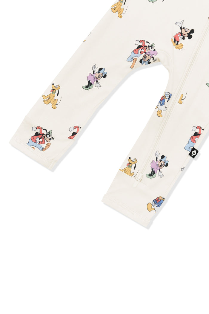 Bottom part of Zippered Romper in Mickey Mouse and Friends print on an oat background