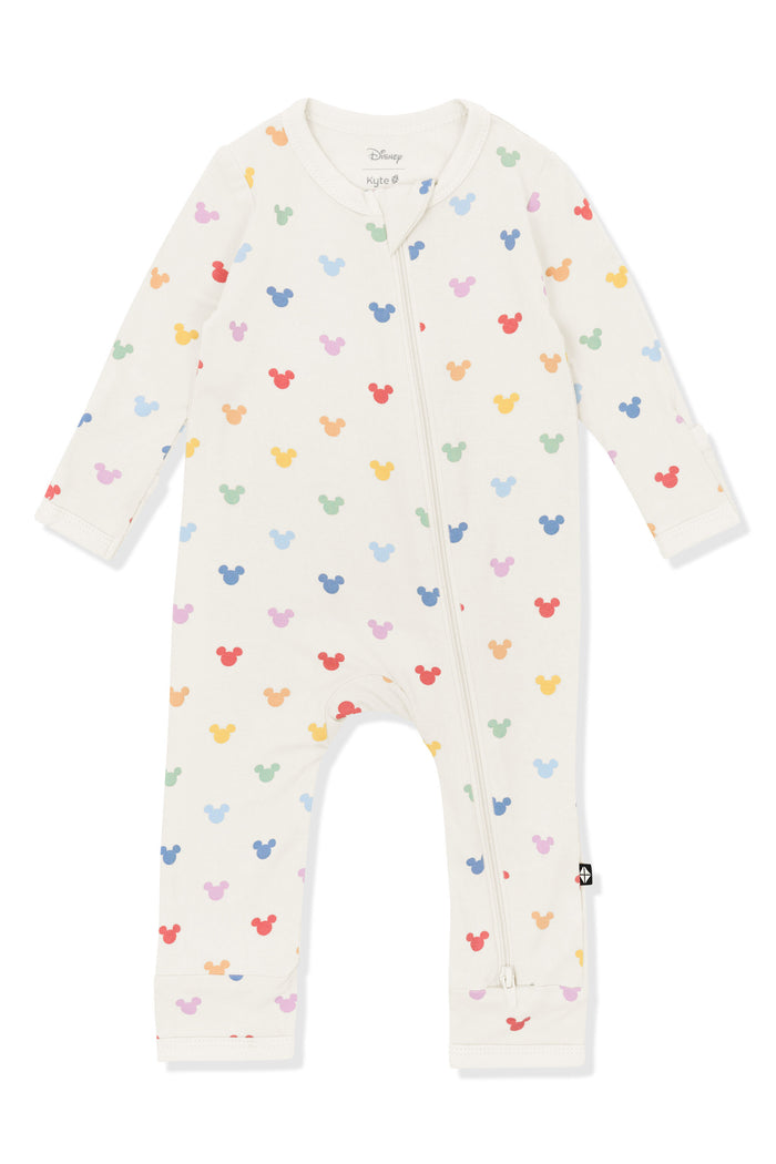 Baby Zippered Romper with Pastel Mickey Mouse pattern on an oat background